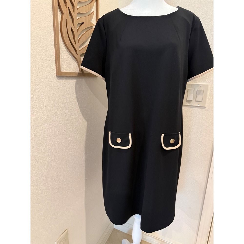 Andrew Marc Black Mod Shift Dress Cream Trim Pockets Size 16